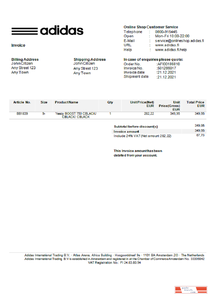 USA Adidas invoice PSD template